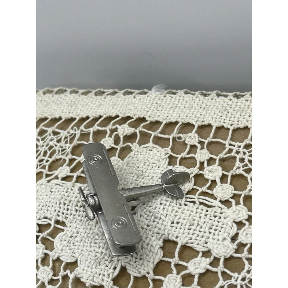 Vintage Silver Tone 3D Biplane Art Deco Aviation Airplane Costume Jewelry Brooch